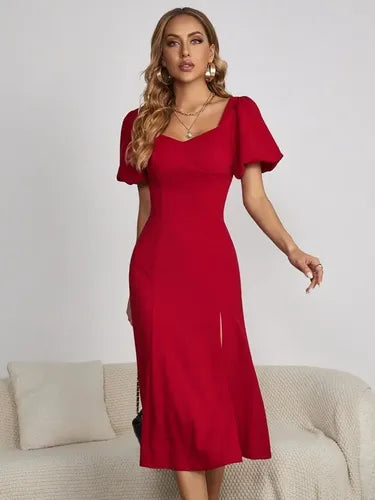 Vestido Ajustado Largo Vintage Manga Farol  Va 496 Rojo S