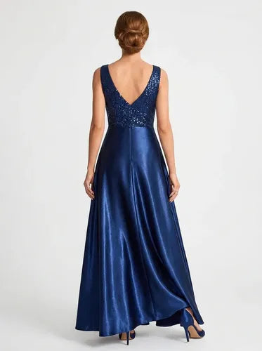 Vestido largo lentejuelas azul escote V satén