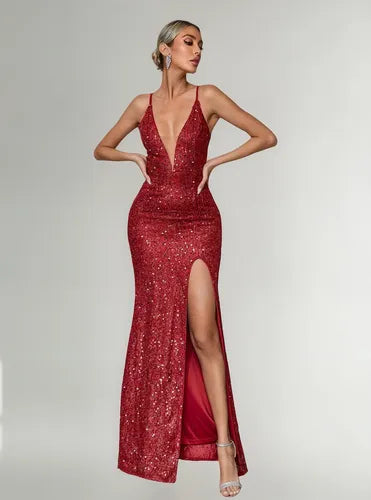 Vestido Fiesta Largo Mujer Escote V Lentejuelas Vl 74