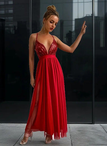 Vestido Fiesta Largo Tul Y  Lentejuelas  Va 467