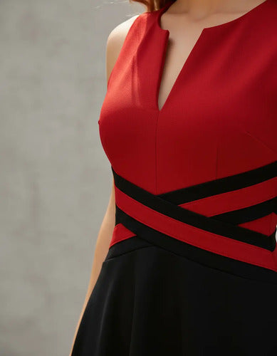 Vestido Oficina Cóctel Casual Acampanado Va 597 Rojo- Negro M