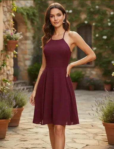 Vestido Corto Gasa Azul Y Burdeo Va 324