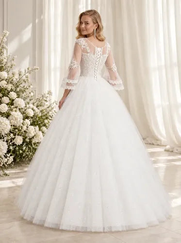 Vestido de novia princesa manga 3/4 cuello redondo