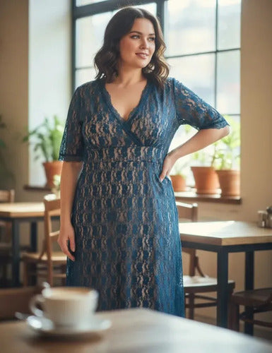 Vestido De Encaje Talla Grande Modelo Azulino 3xl