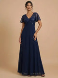 Vestido largo de fiesta gasa azul y bordo evasé