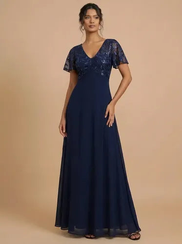 Vestido largo de fiesta gasa azul y bordo evasé