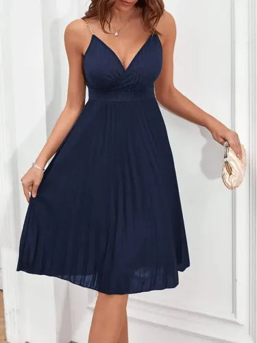 Vestido Fiesta Cóctel Plisado Cadena En Los Hombros Va 559 Azul M