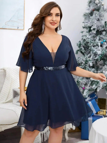 Vestido Fiesta Gasa Lentejuela Talla Grande Escote Vg 93
