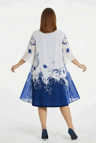 Vestido midi azul floral evasé talla grande