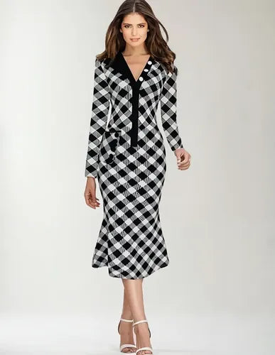 Vestido  Blanco Con Negro Manga Larga Va 150a Blanco L