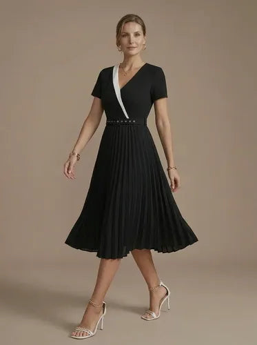 Vestido midi negro plisado cintura alta de fiesta