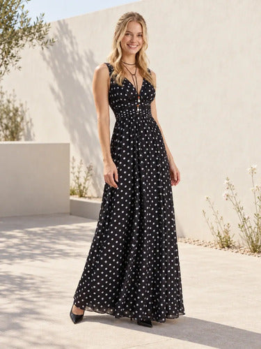 Vestido largo lunares negro escote V