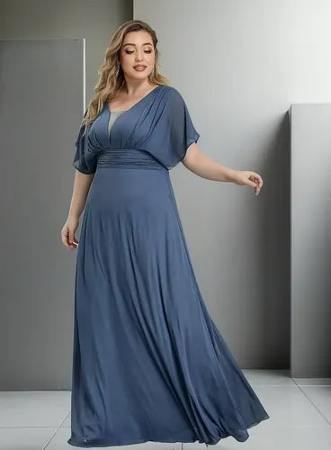 Vestido Fiesta Largo Gasa Talla Grande Manga  Ep 189