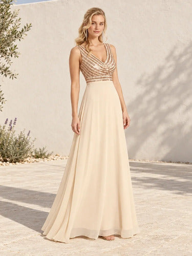 Vestido largo dorado y verde lentejuelas escote V