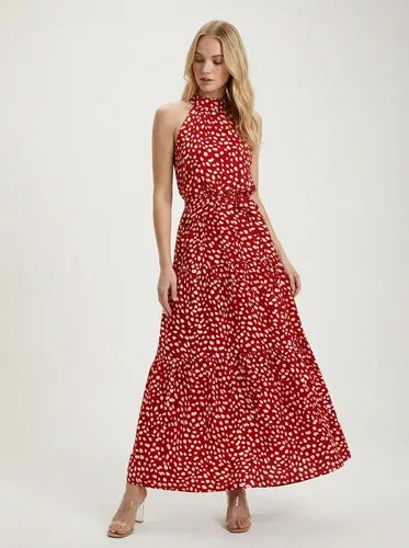 Vestido largo rojo floral halter con cinturón