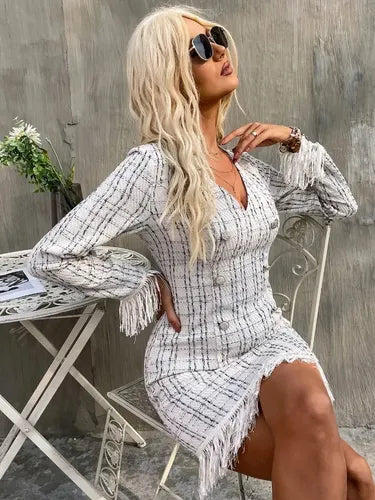 Vestido Tweed Ajustado Cóctel Ribete Con Fleco Va 510
