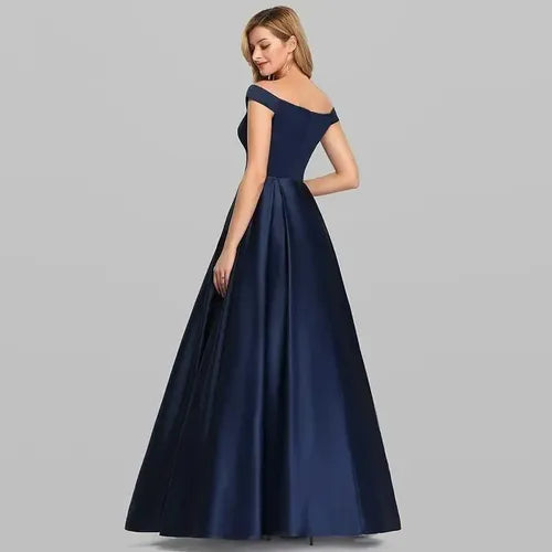 Vestido Largo Satén Fiesta Hombros Descubiertos Ep 141 Azul Oscuro 8