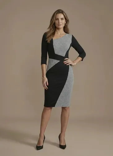 Vestido midi negro asimétrico manga 3/4 oficina