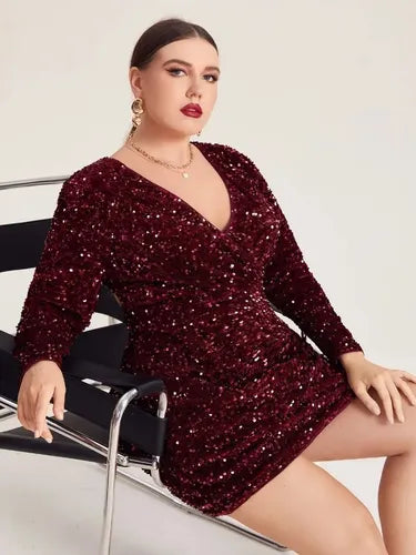 Vestido Fiesta Lentejuela Talla Grande Manga Larga Vg 91