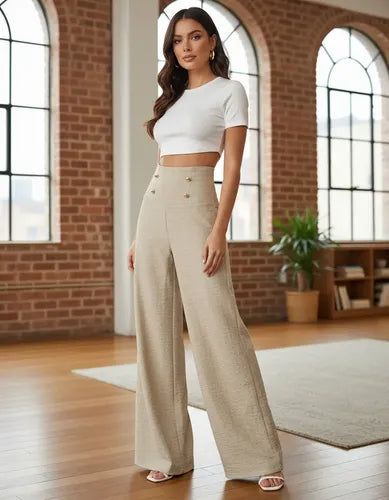 Pantalon Mujer Cintura Alta Pierna Ancha Pt 14 Beige Xs