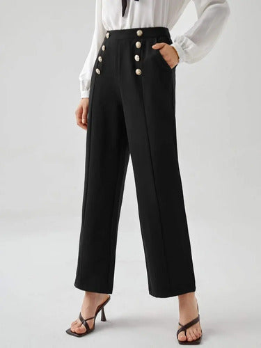 Pantalon Mujer Cintura Alta Pierna Ancha Botones