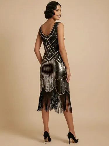 Vestido midi charlestón años 20 Gatsby con flecos
