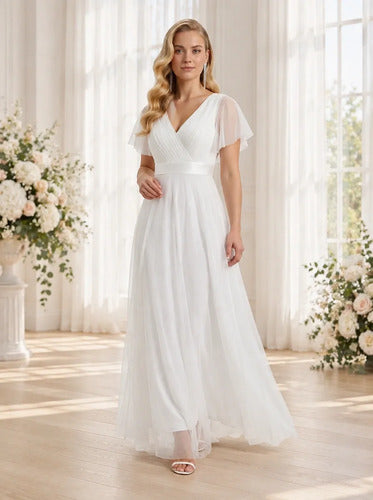 Vestido largo de novia blanco con mangas de tul