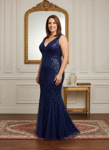 Vestido largo de fiesta corte sirena en tul y lentejuelas