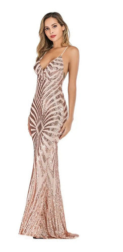 Vestido Fiesta Largo Negro Dorado Lentejuelas  Vl 27