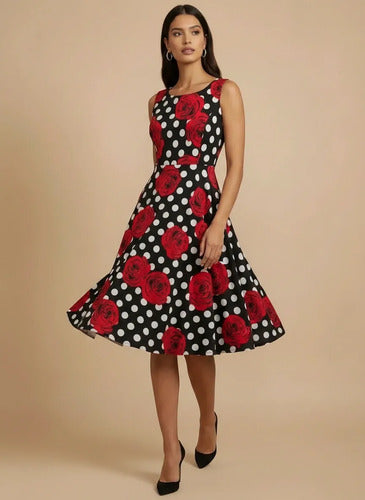 Vestido corto pin up negro con flores rojas talla grande