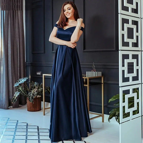 Vestido Largo Satén Fiesta Hombros Descubiertos Ep 141 Azul Oscuro 8