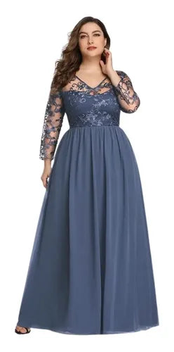 Vestido De Fiesta Largo Con Mangas Ep 139 Azul Acero 14