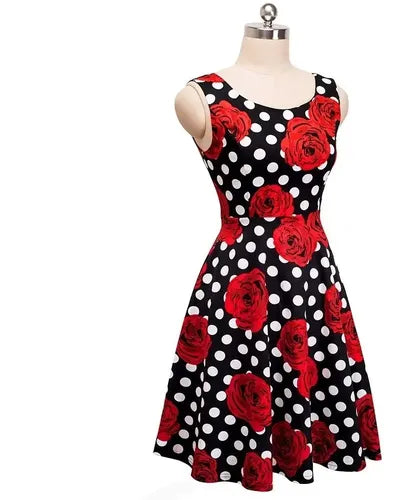 Vestido Vintage Pin Up Negro Flores Rojas Años 50  Va 419