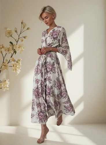 Vestido Largo Gasa Con Flores Vintage Femenino Vd 117