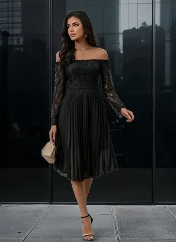 Vestido Hombros Descubiertos Manga Larga Encaje Va 598 Negro S