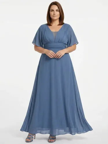 Vestido largo de fiesta evasé en gasa con manga corta