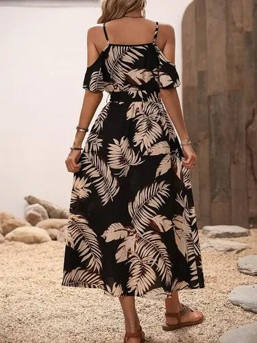Vestido Bohemio Estampado Tropical Hombro Descubierto Vd 111 Negro S