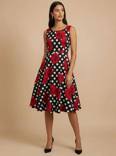 Vestido corto pin up negro con flores rojas talla grande