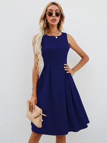 Vestido Tableado Acampanado Va 557 Azul S