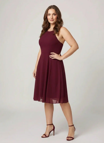 Vestido corto azul y burdeo gasa escote halter