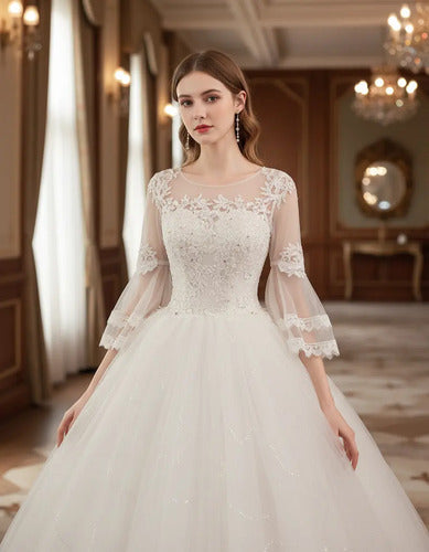 Vestido De Novia Marfil Ivory Princesa Manga Nf 09