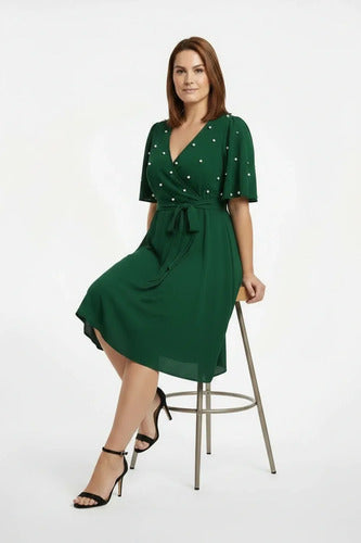 Vestido corto multicolor gasa con perlas evasé talla grande