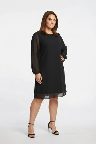 Vestido midi azul y negro túnica gasa manga larga