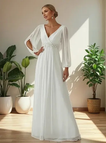 Vestido Novia De Cuello En V, Línea A, Mangas Largas  Ne 29