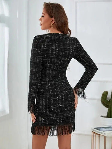 Vestido Tweed Ajustado Cóctel Ribete Con Fleco Va 510