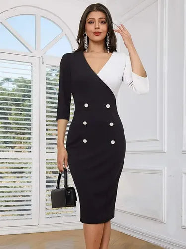 Vestido Ajustado Oficina Cóctel Escote En V Bodycon Va 588 Negro L