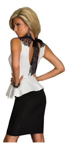 Vestido Blanco Encaje Negro Peplum Va 65 Negro M