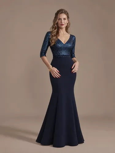 Vestido largo de fiesta azul corte sirena manga 3/4