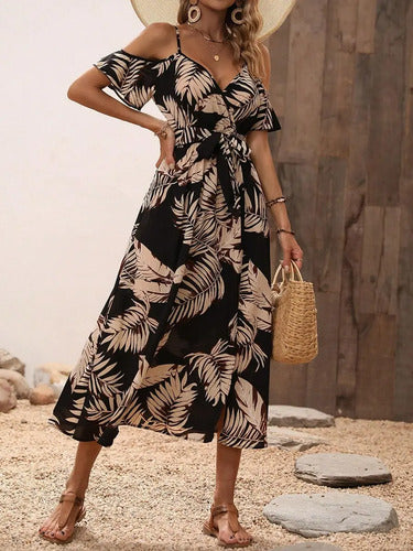 Vestido Bohemio Estampado Tropical Hombro Descubierto Vd 111 Negro S