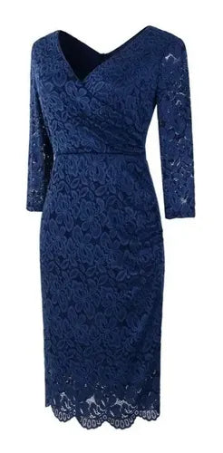 Vestido Azul Manga 3/4 Encaje Fiesta Grande Ve 66